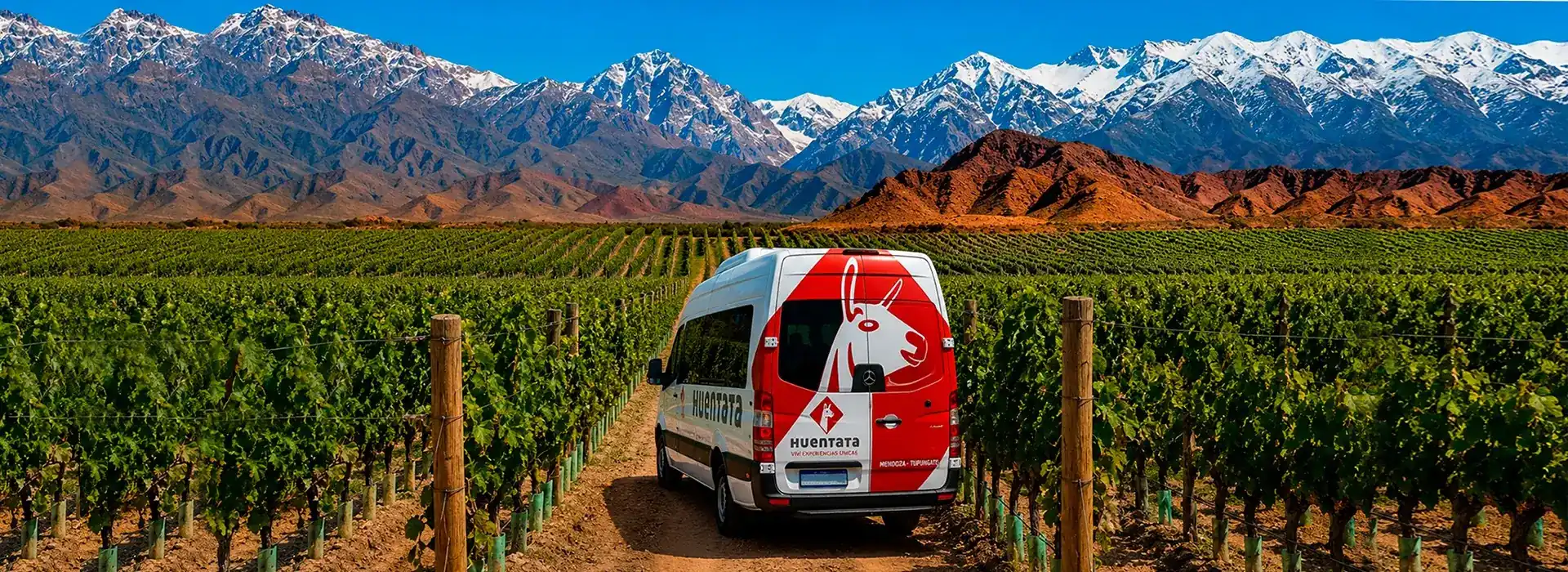 Vehículo de Huentata entre viñedos y montañas de Mendoza
